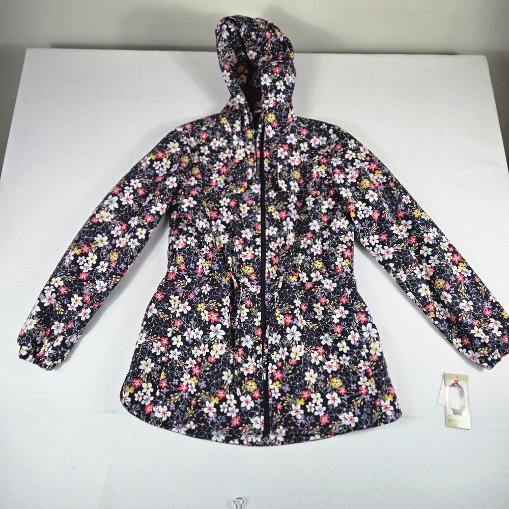 Jones New York NWT Floral Windbreaker Women M  Zip Up Hooded‎ Drawstring (O1)